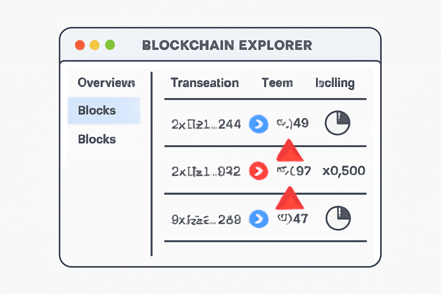 A blockchain explorer dashboard with real-time alerts, highlighting large token transfers and voting power changes with warning icons.