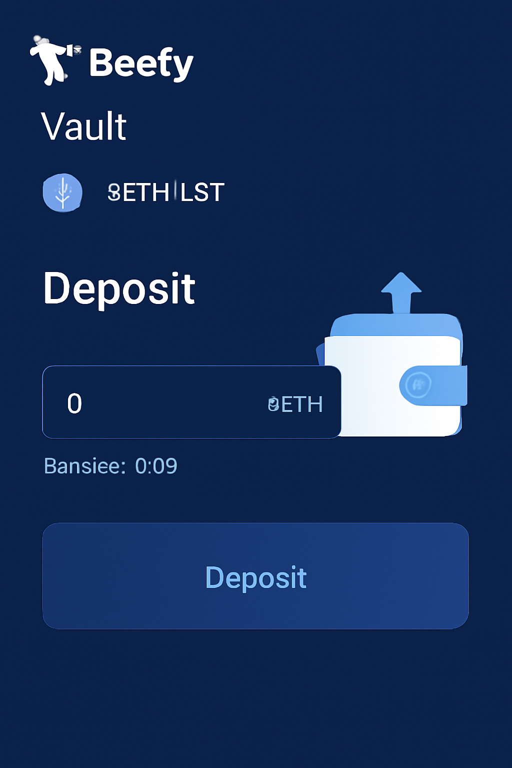 clean screenshot of Beefy Finance vault deposit interface with stETH LST selected, modern DeFi UI, blue tones