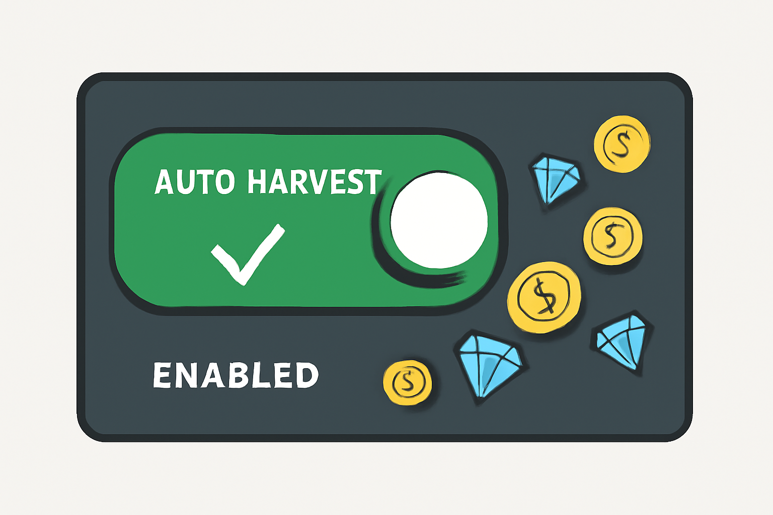 Beefy dashboard toggle switch for auto-harvest enabled, green checkmark, reward icons flowing in, sleek interface