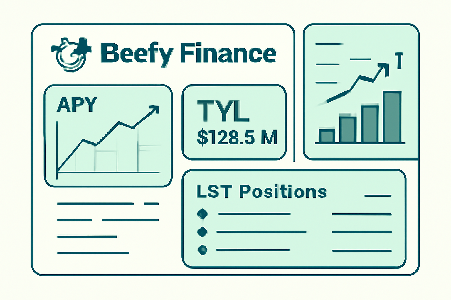 Beefy Finance dashboard overview with APY graphs, TVL metrics, LST positions, professional charts in teal