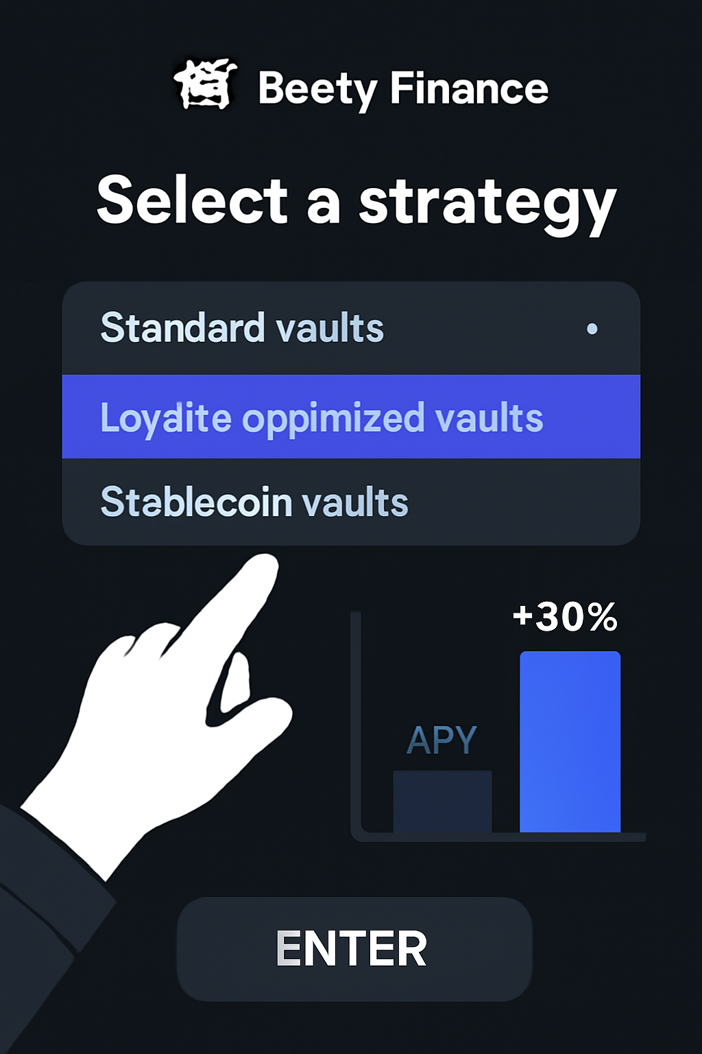 Beefy Finance strategy selection dropdown highlighting loyalty-optimized vaults, charts showing APY boosts, dark mode UI