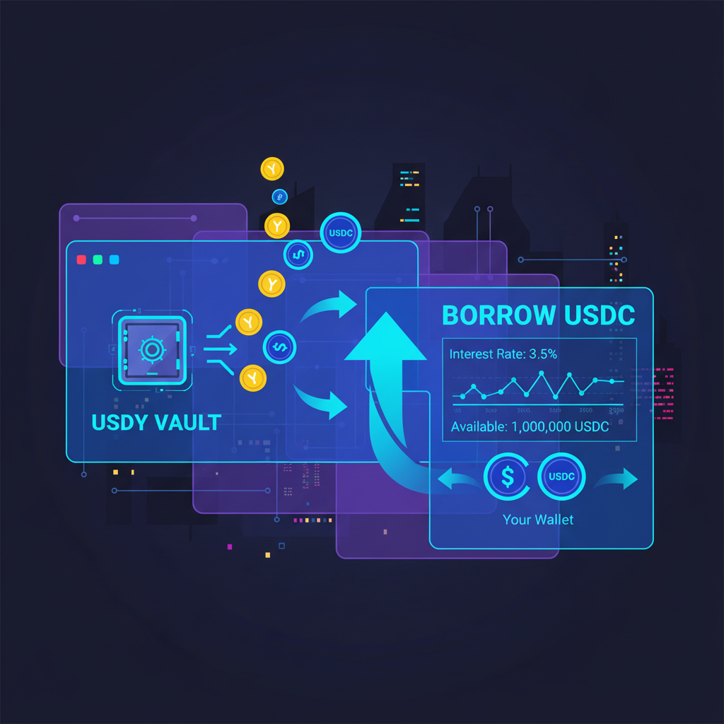 borrowing USDC icons flowing from USDY vault on lending platform interface, dynamic arrows and charts, cyberpunk style