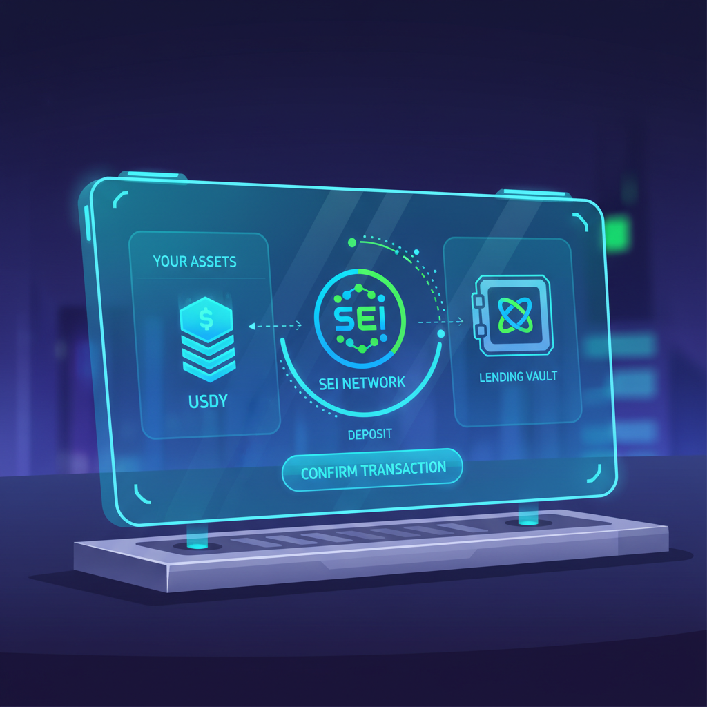 sleek DeFi dashboard on futuristic screen, depositing glowing USDY tokens into lending vault, Sei Network branding, neon blues and greens
