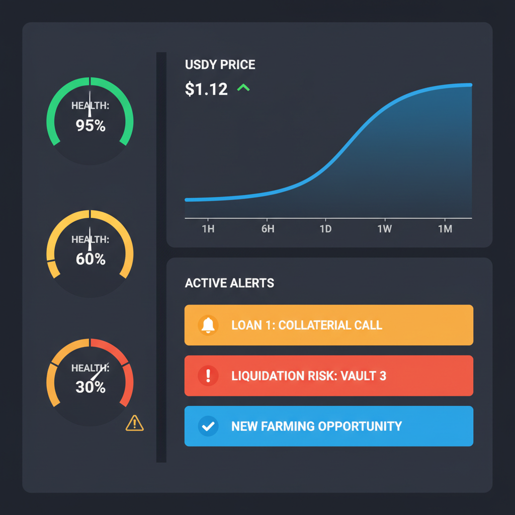 DeFi monitoring dashboard with health factor gauges, USDY price charts at $1.12, alert icons, professional dark mode interface
