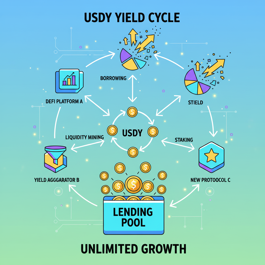 looping yield cycle diagram, USDY tokens multiplying in lending pool, upward arrows and yield charts exploding, energetic DeFi art