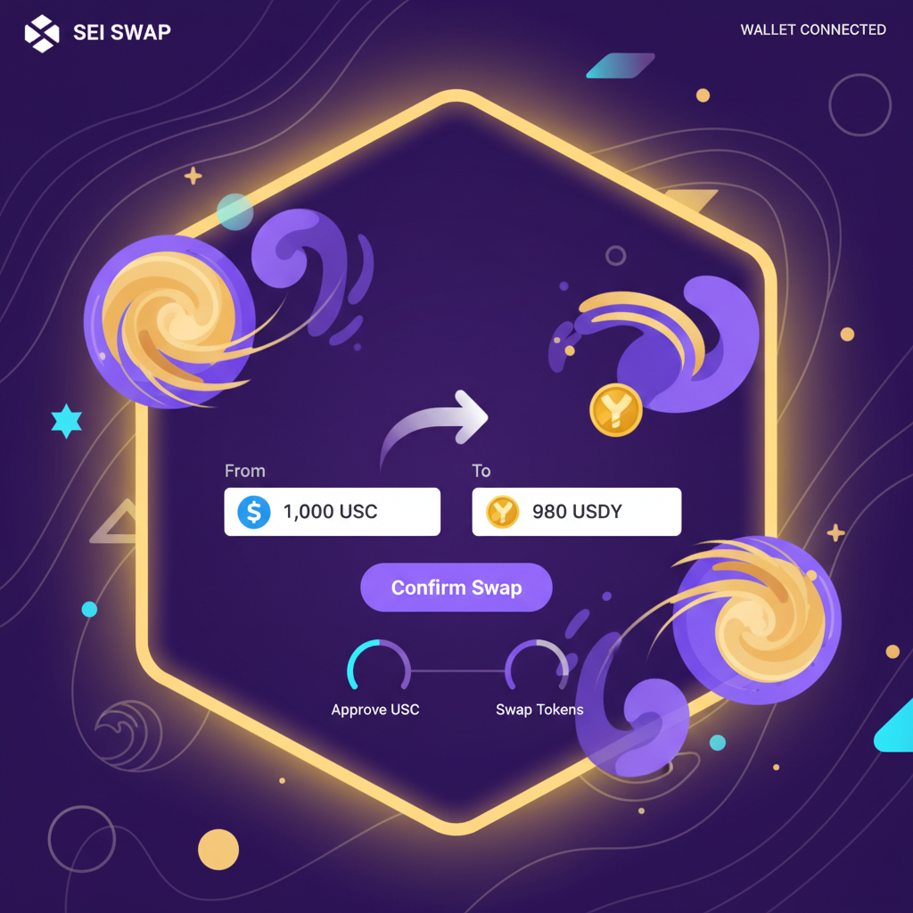 DEX swap interface with USDC converting to USDY tokens, swirling liquidity pools, vibrant purple and gold hues, Sei ecosystem vibe