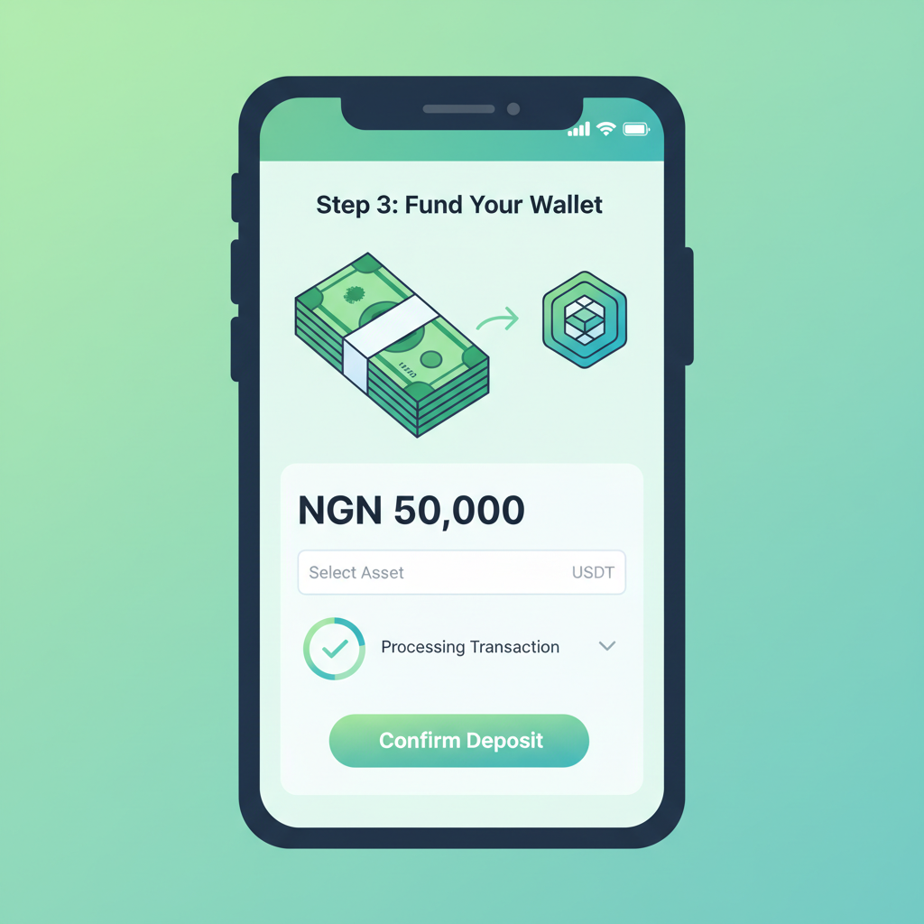 Nigerian smartphone screen showing mobile money deposit to crypto wallet app, vibrant green naira notes, bold UI