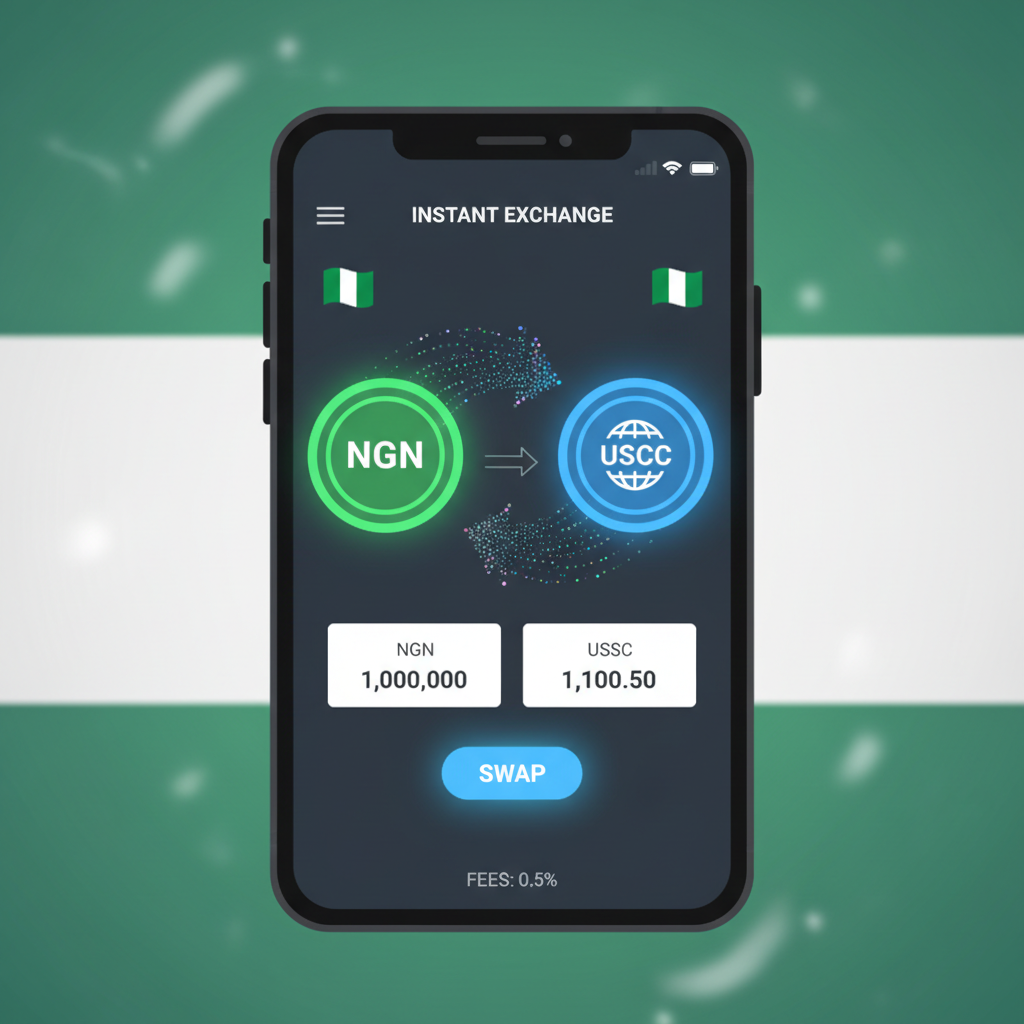 Crypto app interface swapping NGN to USDC, glowing stablecoin icons, Nigerian flag background, dynamic exchange animation