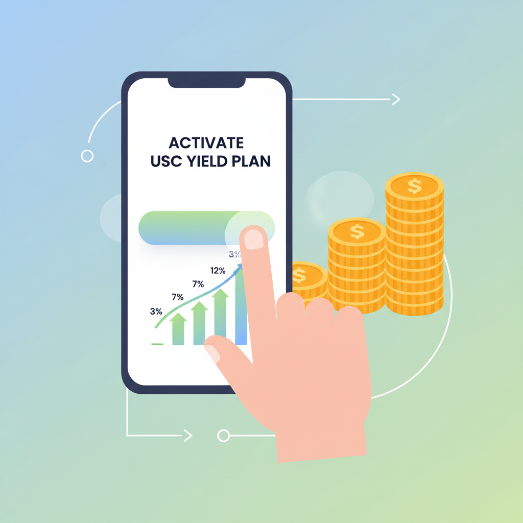Mobile app activating USDC yield plan, percentage yield graphs rising, dollar coins stacking, confident user finger tapping