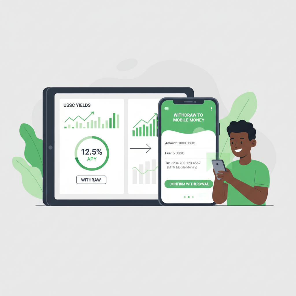 Dashboard showing USDC yields and withdrawal to mobile money, charts with green gains, Nigerian user smiling at phone