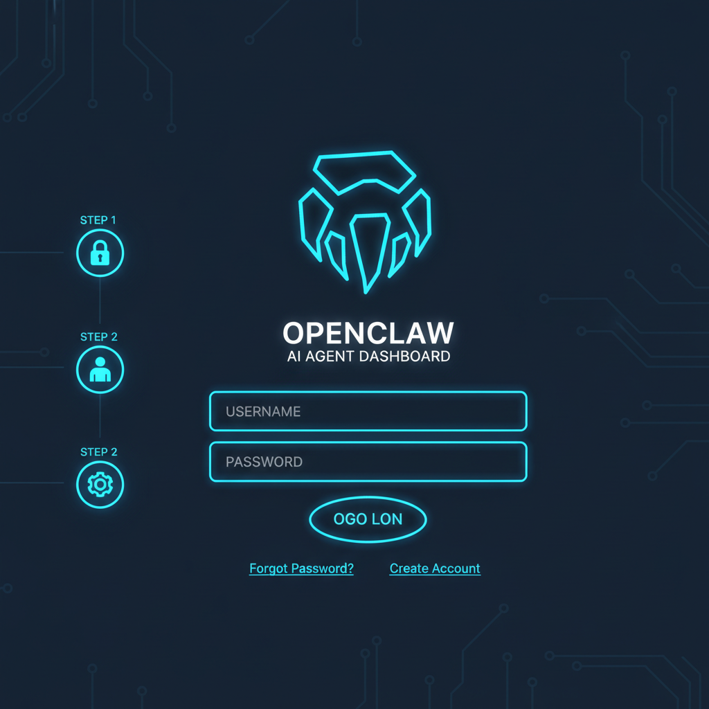 OpenClaw AI agent dashboard login screen, futuristic interface, neon blues