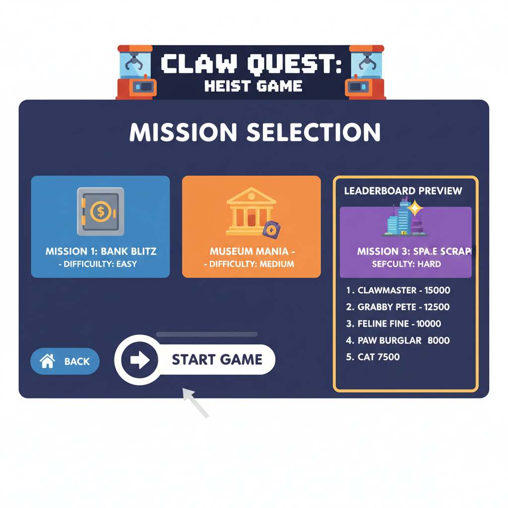 ClawCade mission selection screen, Claw Quest heist game, leaderboard preview