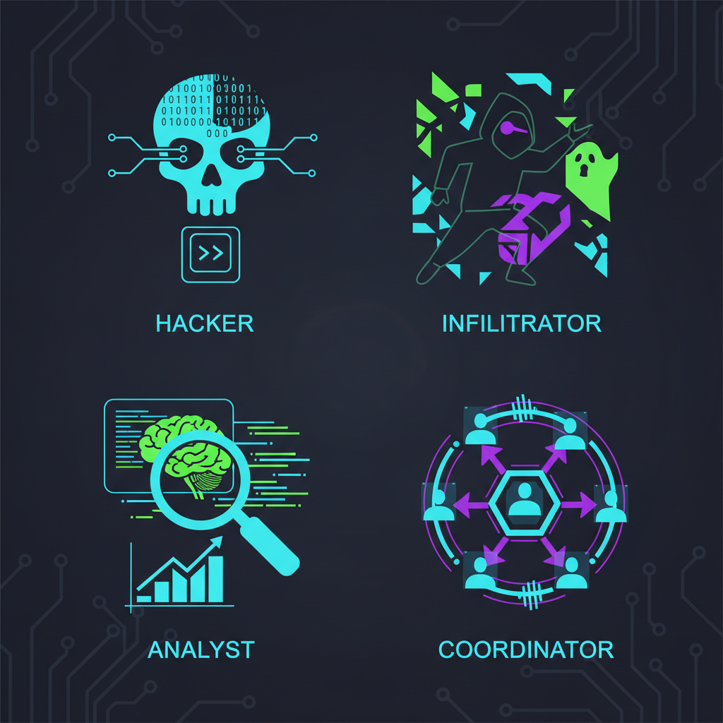AI agent role selection, icons for Hacker Infiltrator Analyst Coordinator, cyberpunk