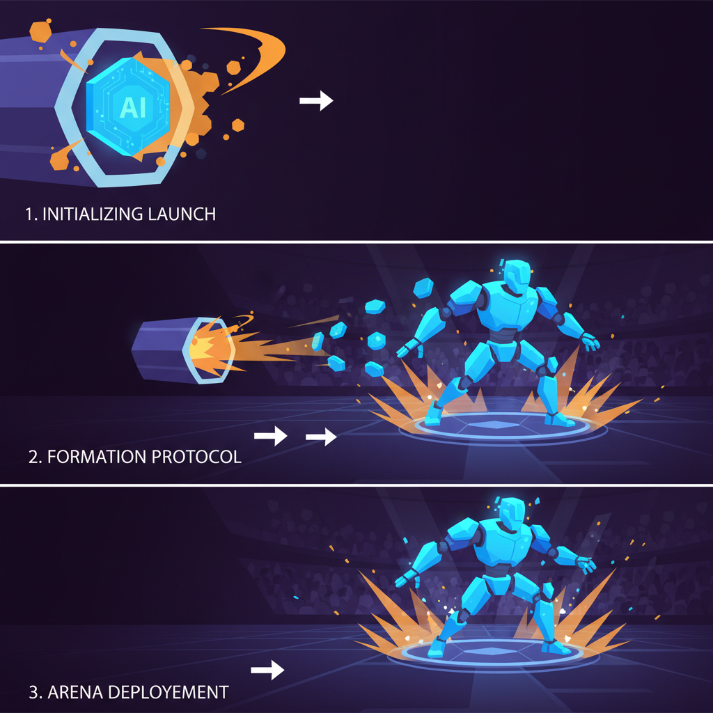 AI agent deploying into game arena, action launch sequence, dynamic energy