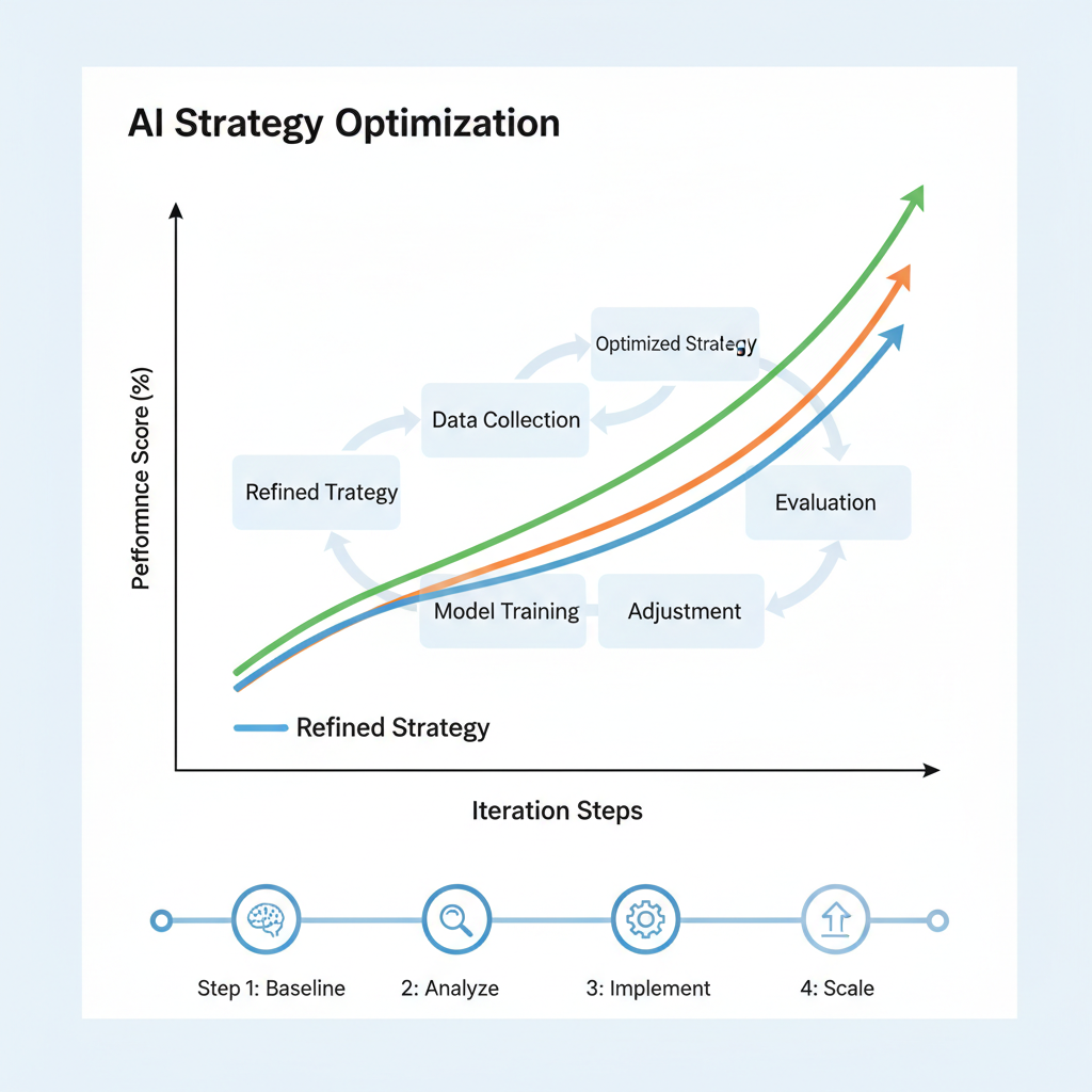 AI strategy iteration graph, improving performance curves, data visualization