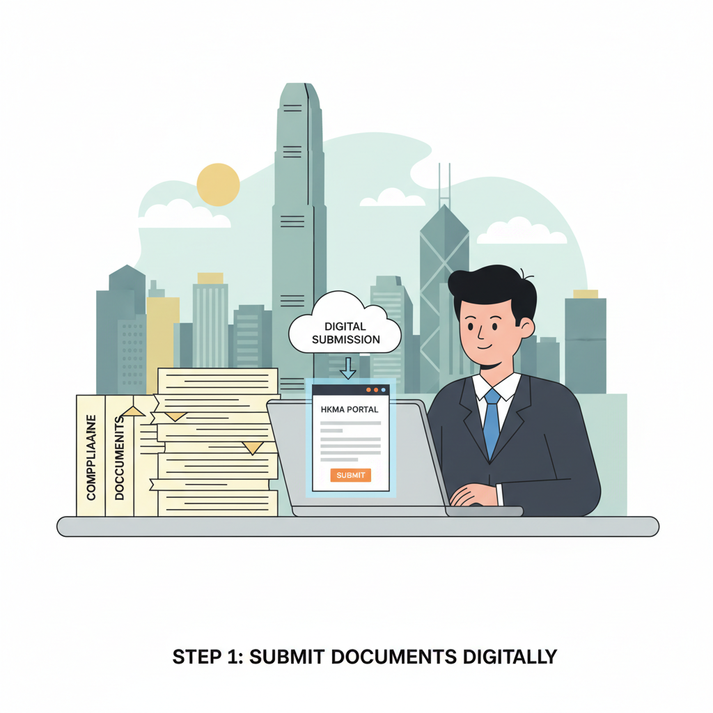 Executive at desk submitting digital documents to HKMA portal, stack of compliance papers, Hong Kong financial district background