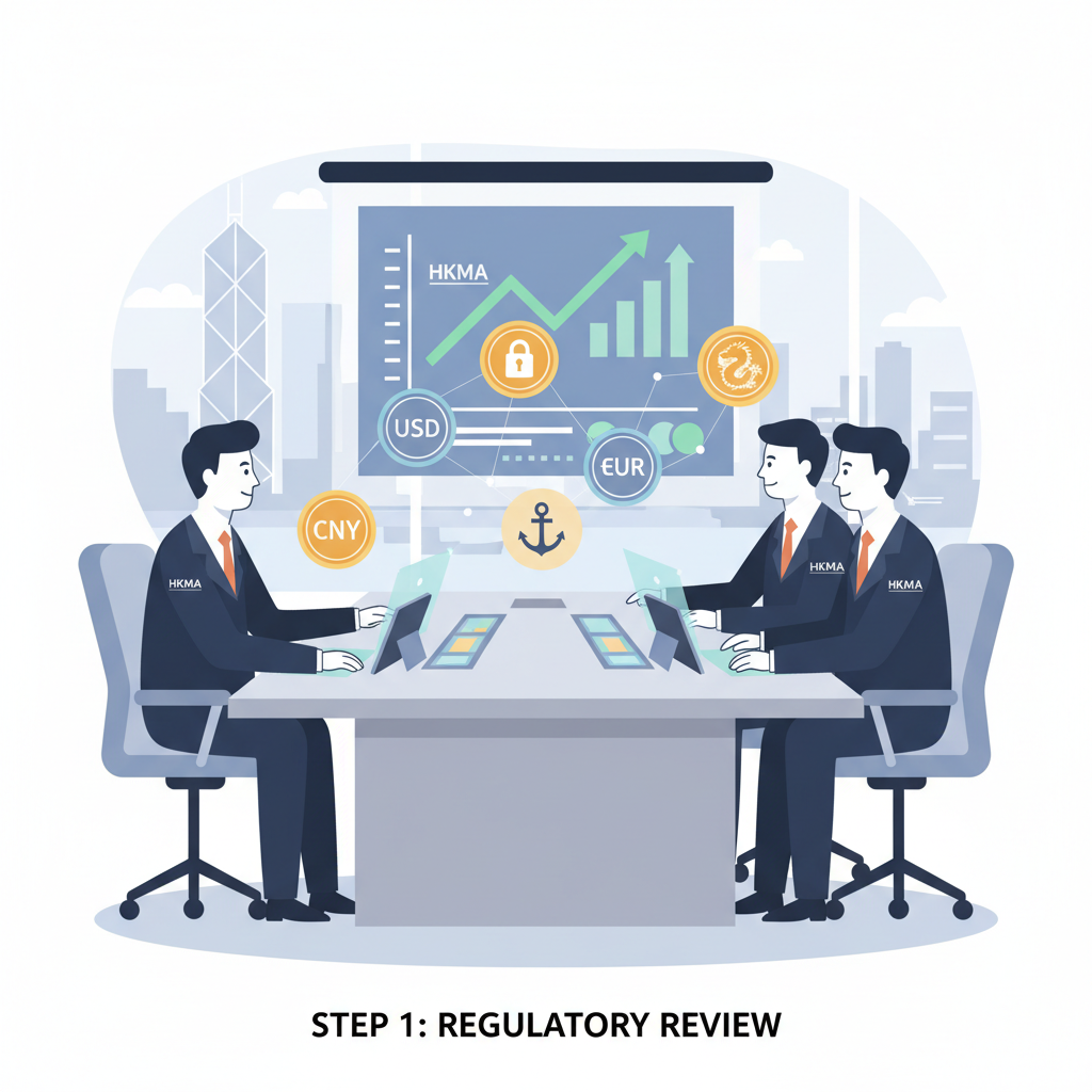 Panel interview in boardroom, HKMA officials reviewing charts and screens, stablecoin icons floating