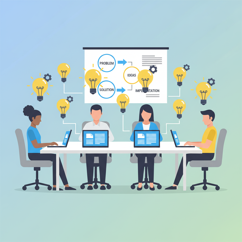 Team brainstorming solutions around conference table, editing documents on laptops, lightbulb innovation symbols