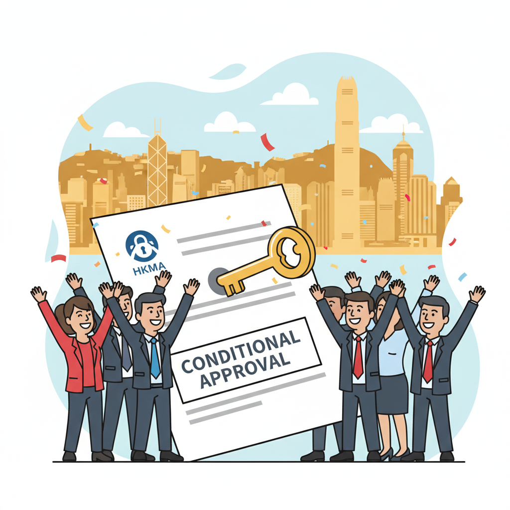 Golden key unlocking 'Conditional Approval' stamp on document, HKMA logo, celebratory Hong Kong finance scene