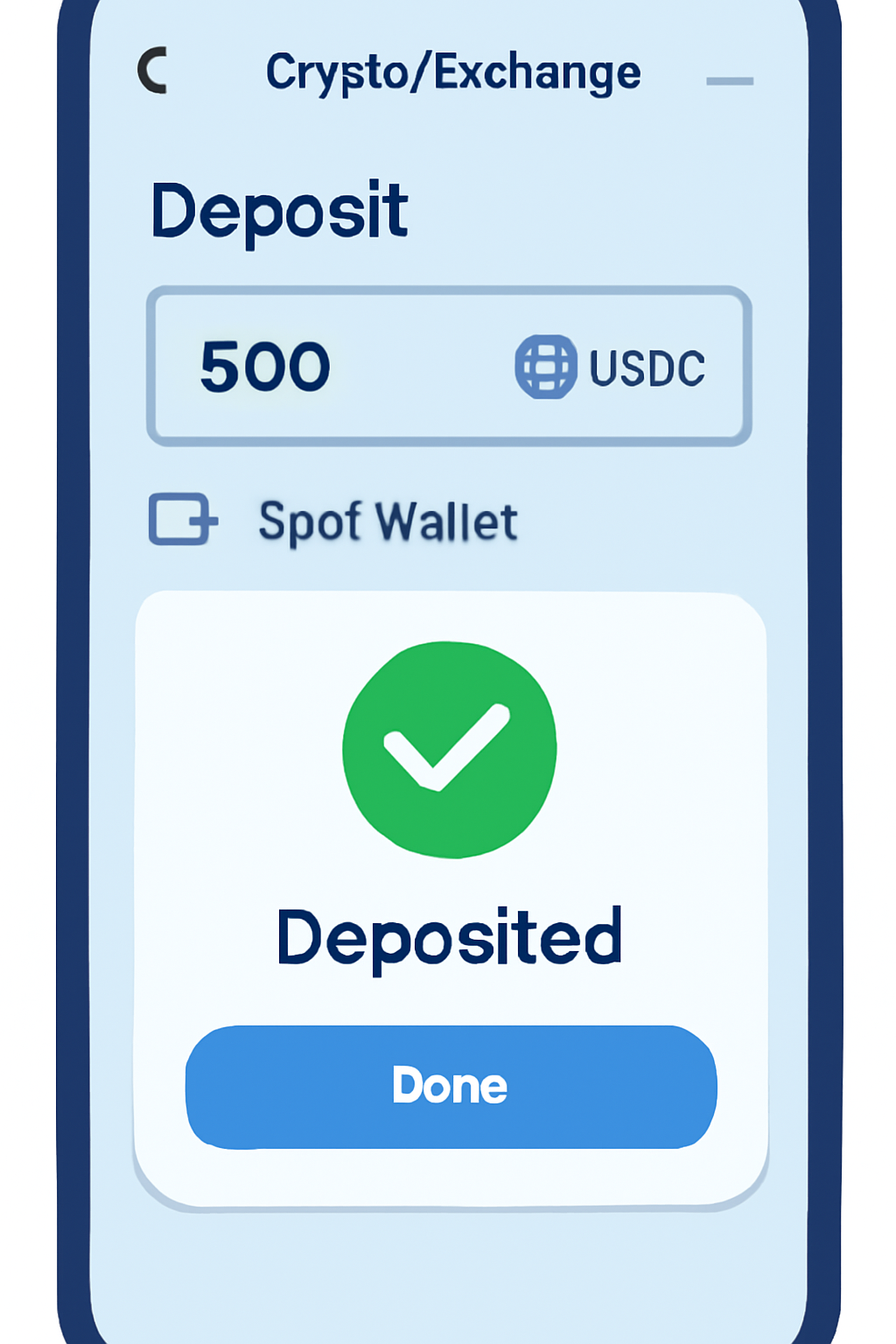 modern crypto exchange app depositing USDC to spot wallet, clean UI, green confirmation, blue tones