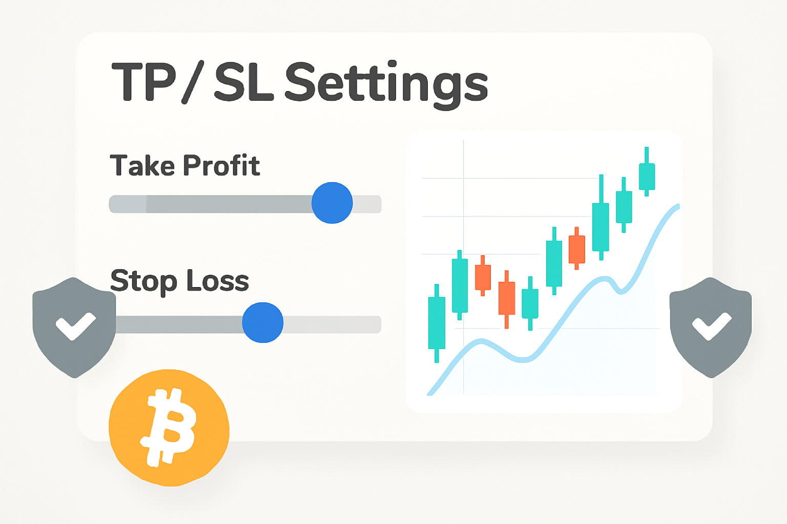 TP SL settings on crypto stock trading platform, sliders and charts, secure shield icons, modern design