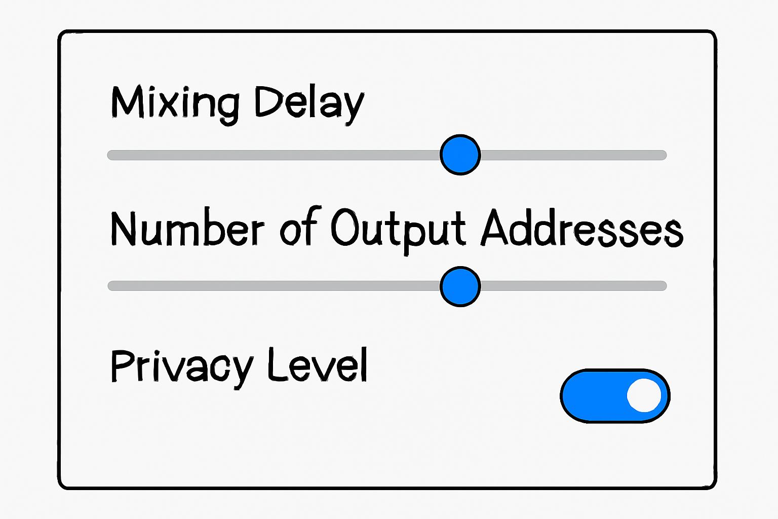 User interface showing options for mixing delay, number of output addresses, and privacy settings, with sliders and toggles highlighted.