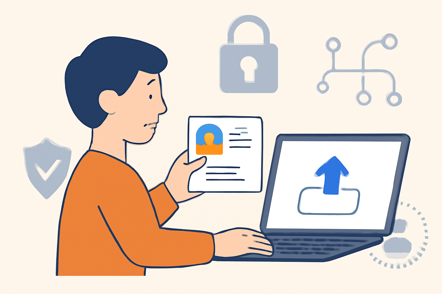 User uploading identification documents to a secure online platform, with digital privacy and security icons in the background.