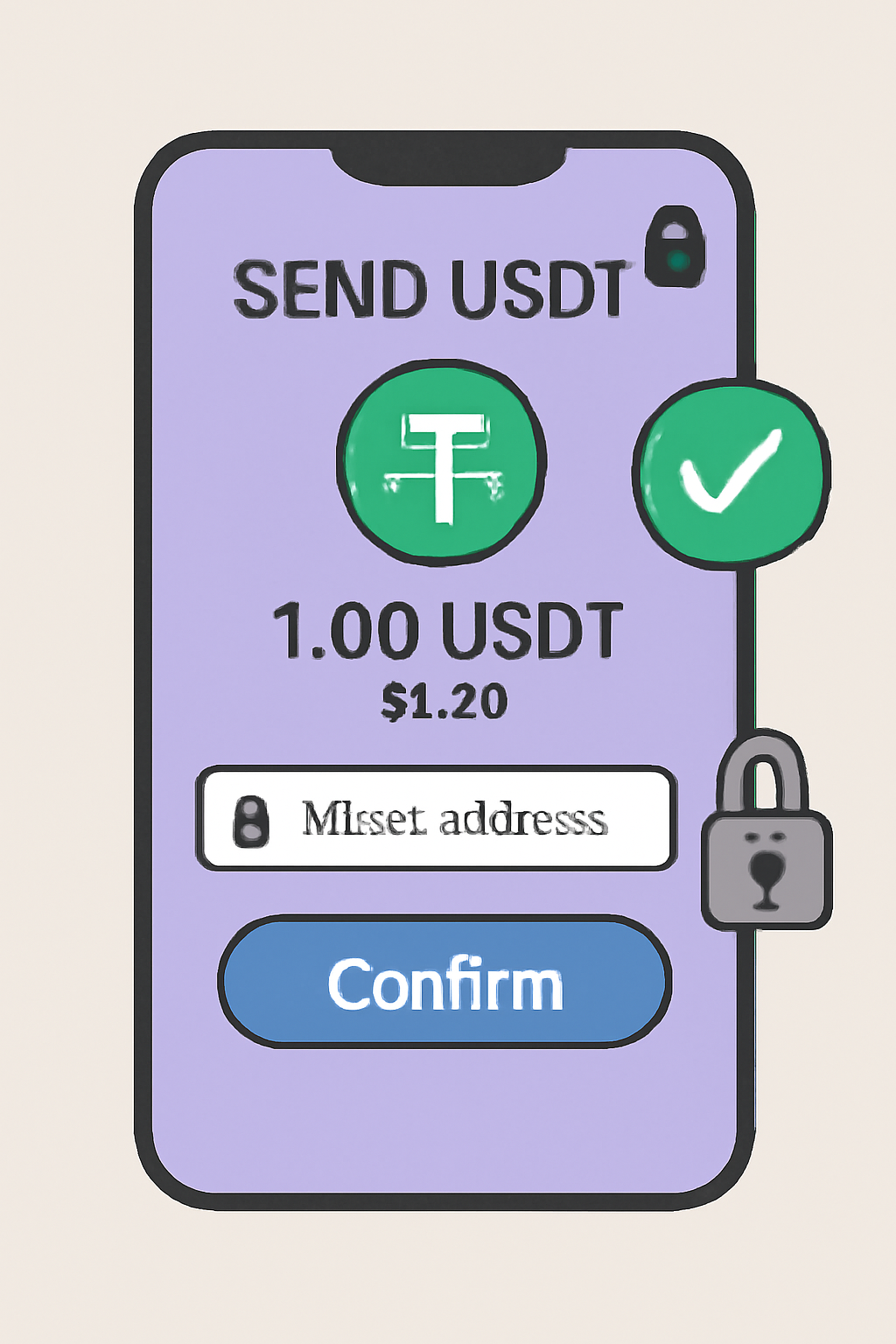 A digital wallet interface sending USDT (showing $1.00 per token) to a mixer address, with security lock icons and transaction confirmation screen.