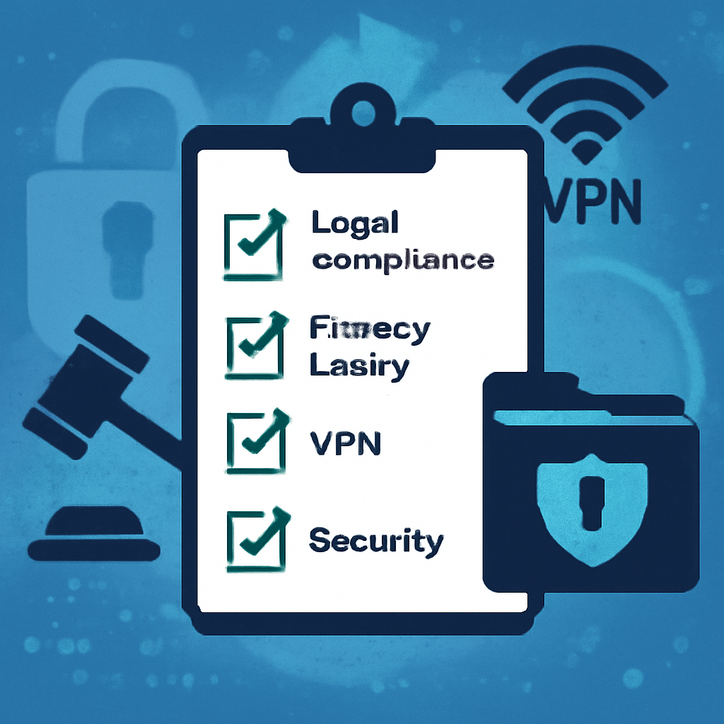 A checklist with legal compliance, privacy policy, VPN, and security icons, set against a backdrop of digital privacy imagery.