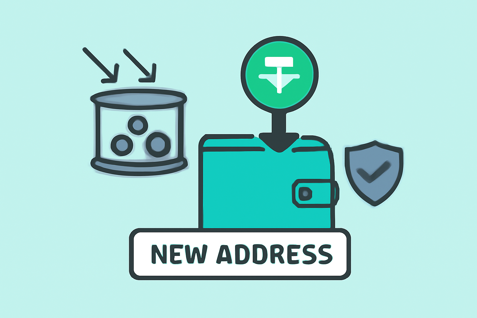 A digital wallet receiving USDT from a mixer, with a 'new address' label and privacy shield graphics.