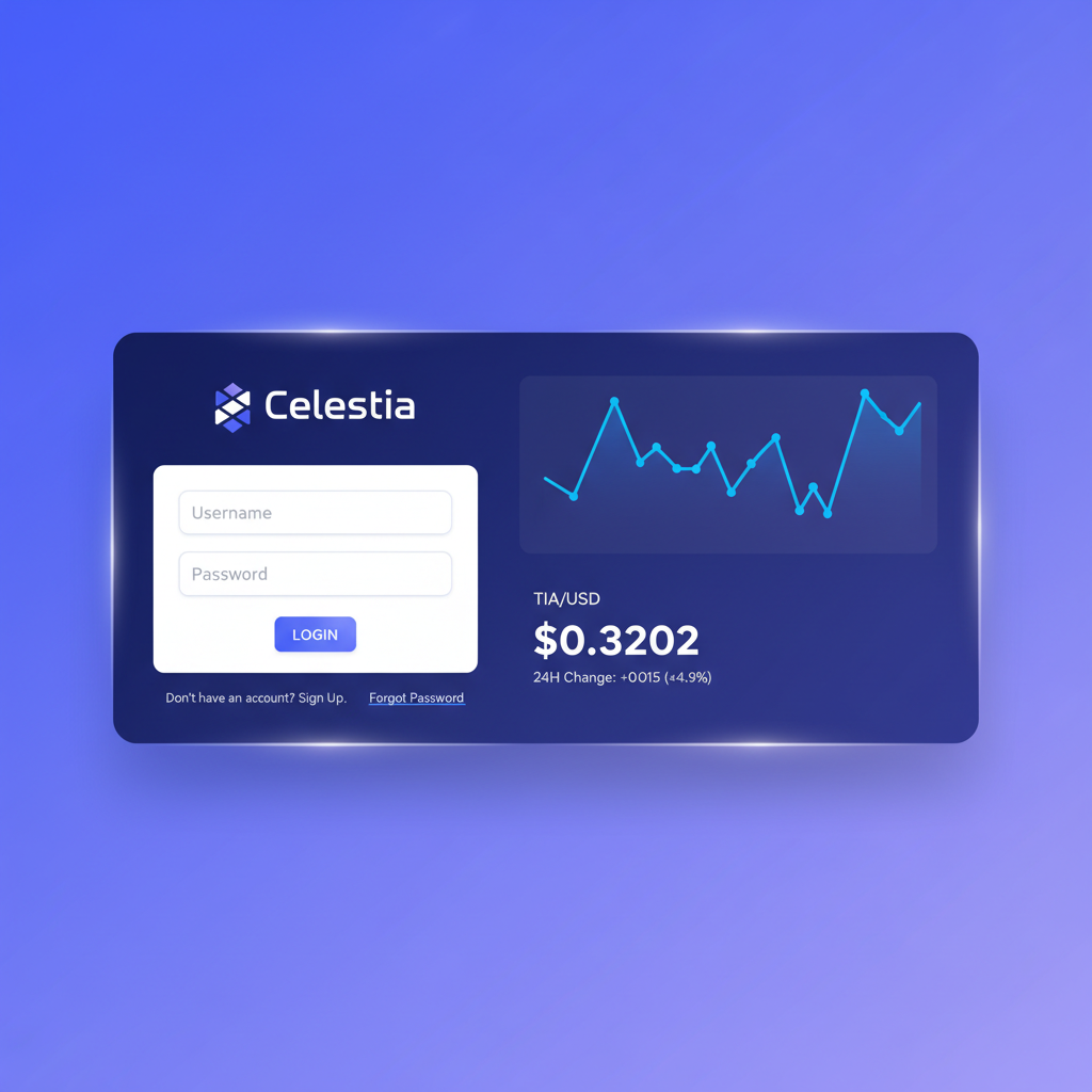 sleek trading platform login screen with Celestia logo and TIA price $0.3202 chart