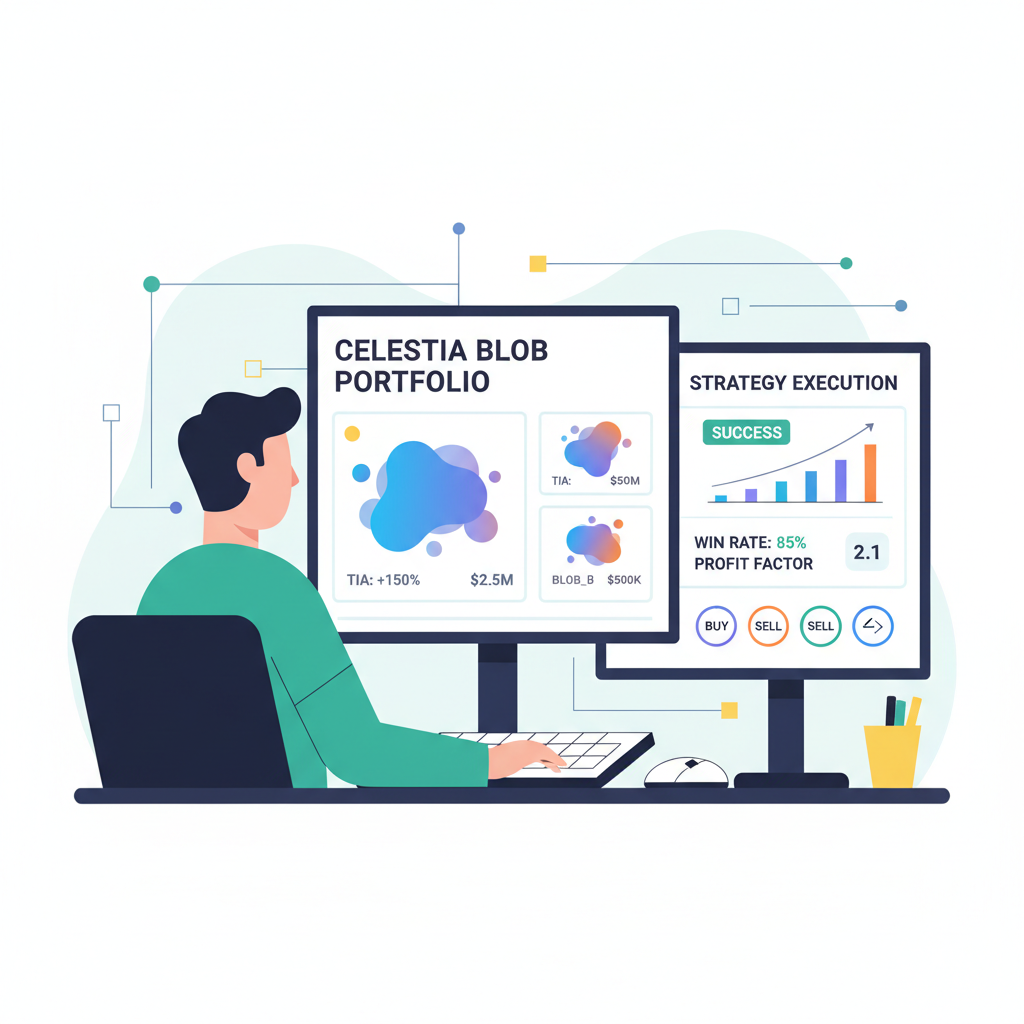 trader executing strategy on dashboard with Celestia blobs portfolio and success metrics