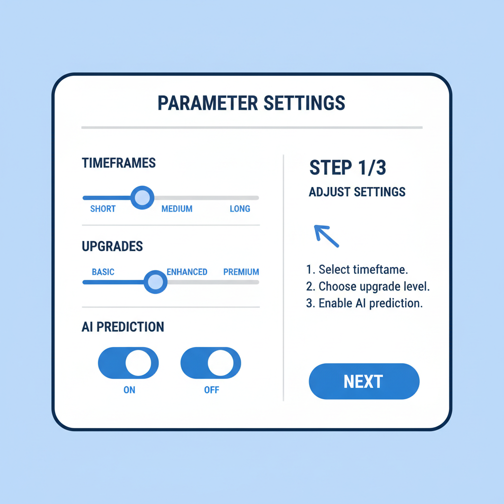 parameter settings panel with sliders for timeframes, upgrades, and AI prediction toggles