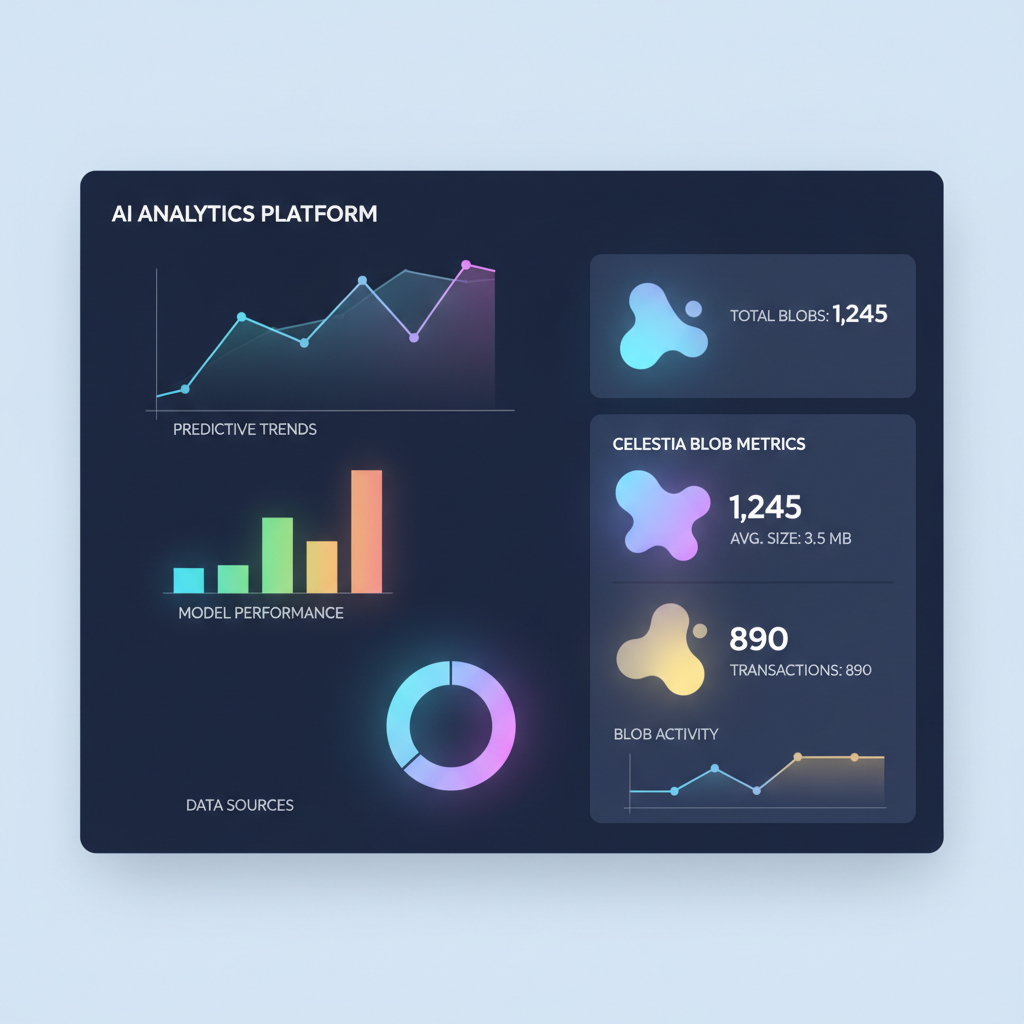 modern AI analytics dashboard interface with glowing charts and Celestia blob metrics