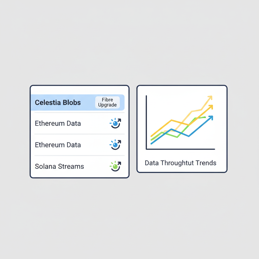 dropdown menu selecting Celestia blobs with Fibre upgrade icons and trend lines