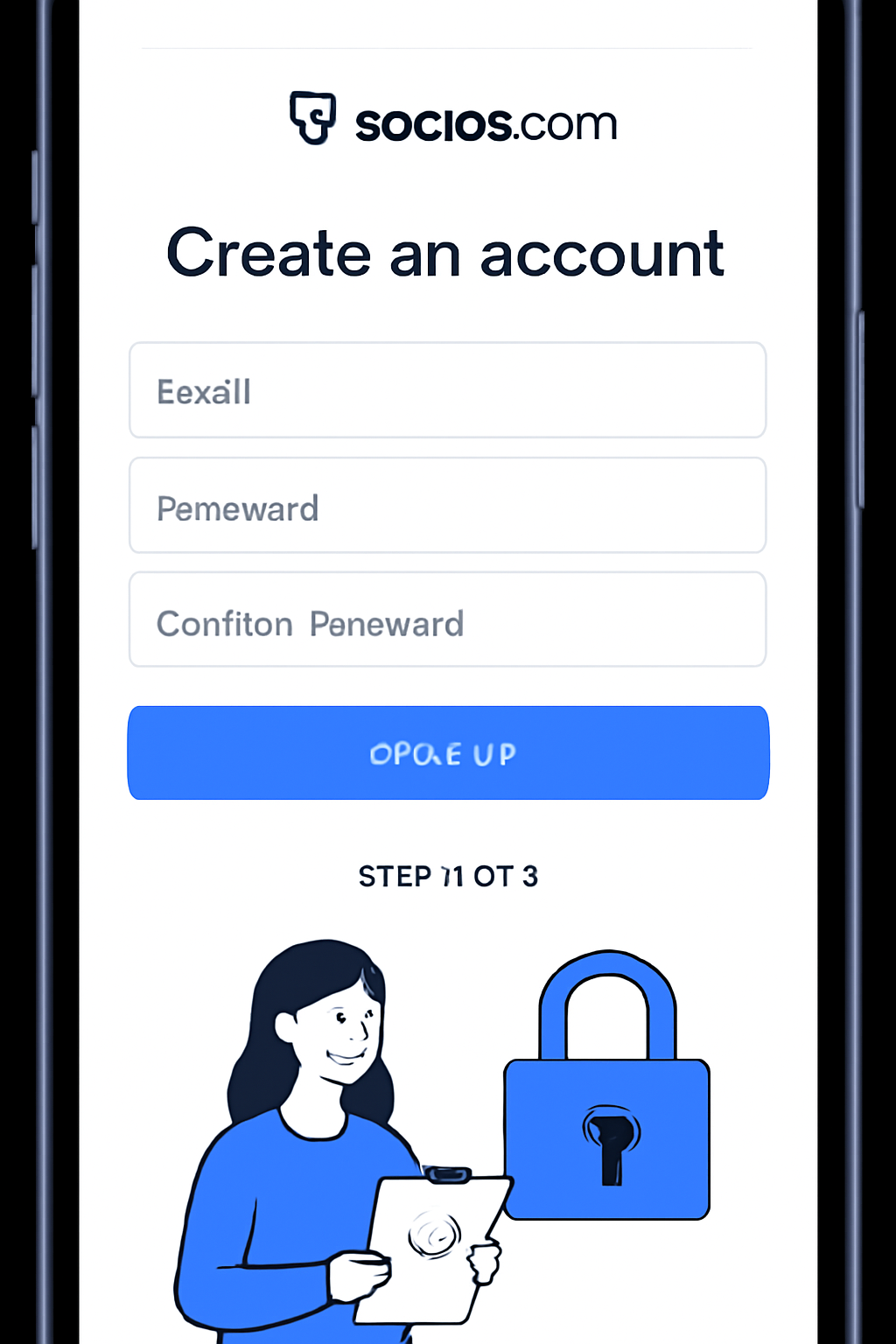 mobile app screen showing Socios.com account creation form, clean modern UI, blue accents, secure lock icon