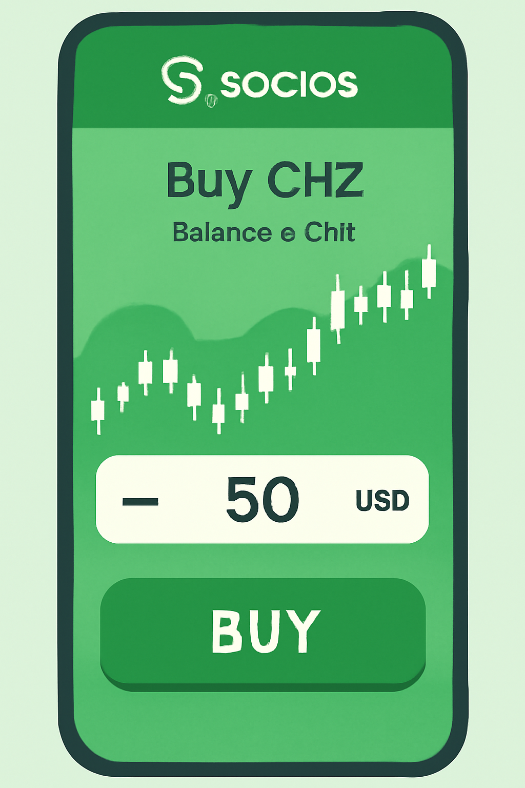Socios app buying CHZ tokens screen, crypto purchase interface, green buy button, dynamic chart background