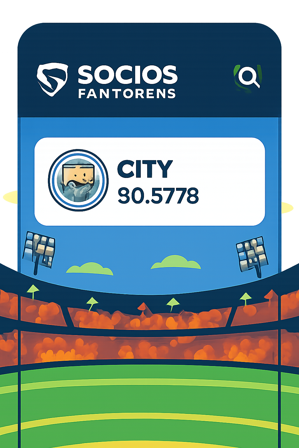 Socios fan tokens market screen highlighting CITY token, Manchester City badge, price $0.5728 display, vibrant stadium vibe
