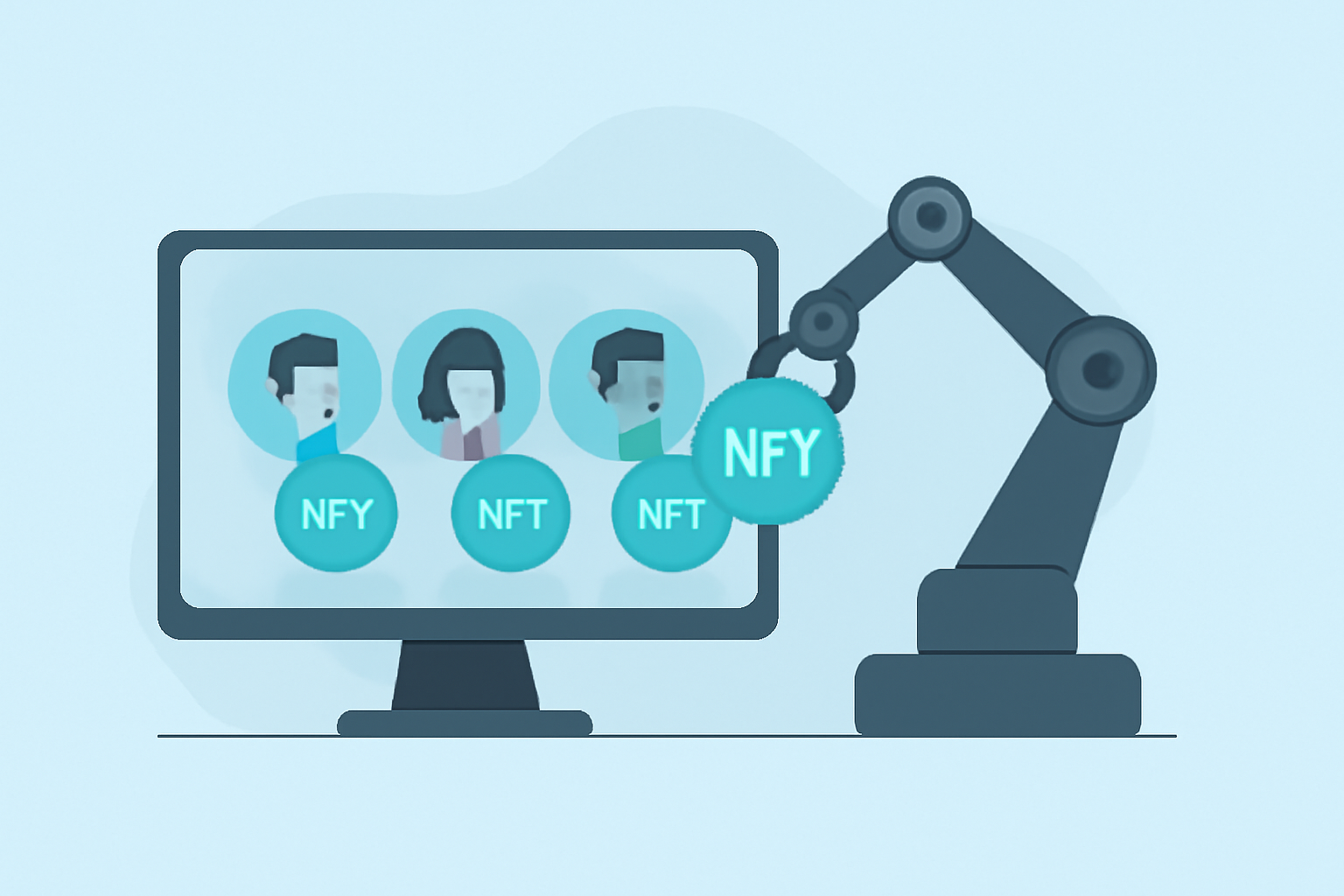 A robotic arm handing out digital NFT badges to avatars on a screen, symbolizing automation and efficiency, futuristic look
