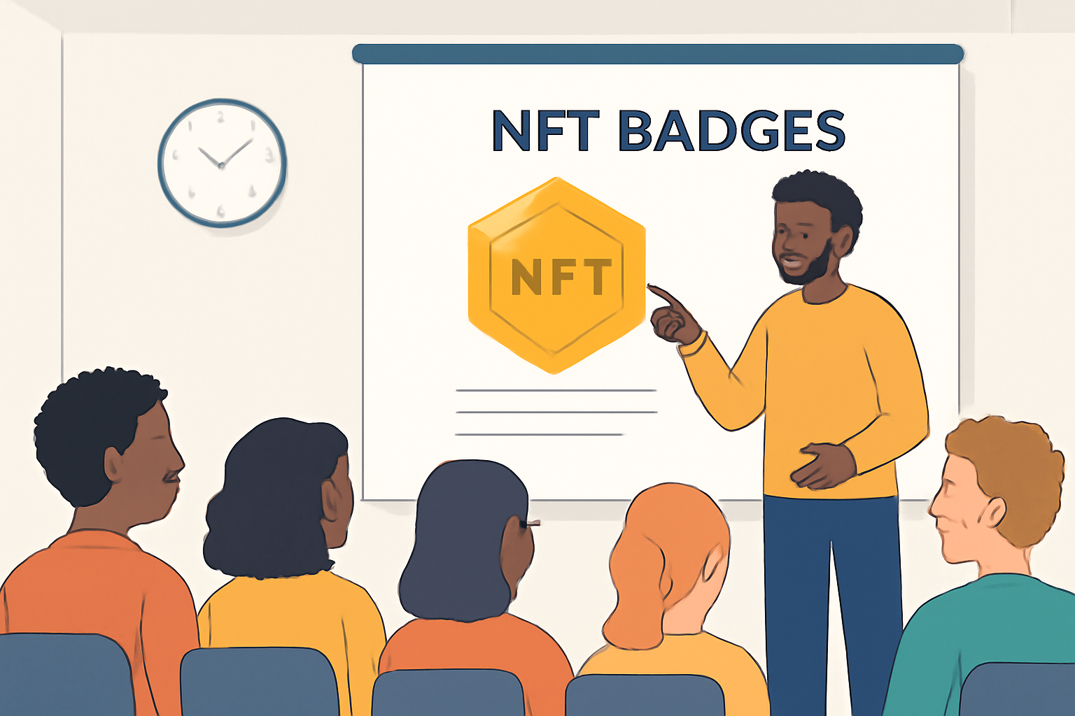 A community meeting with a speaker presenting a slide about NFT badges, attentive audience, friendly and inclusive vibe