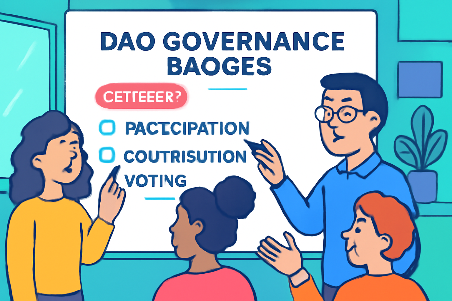 A group of diverse people brainstorming and writing criteria on a whiteboard for DAO governance badges, in a modern digital workspace, vibrant colors
