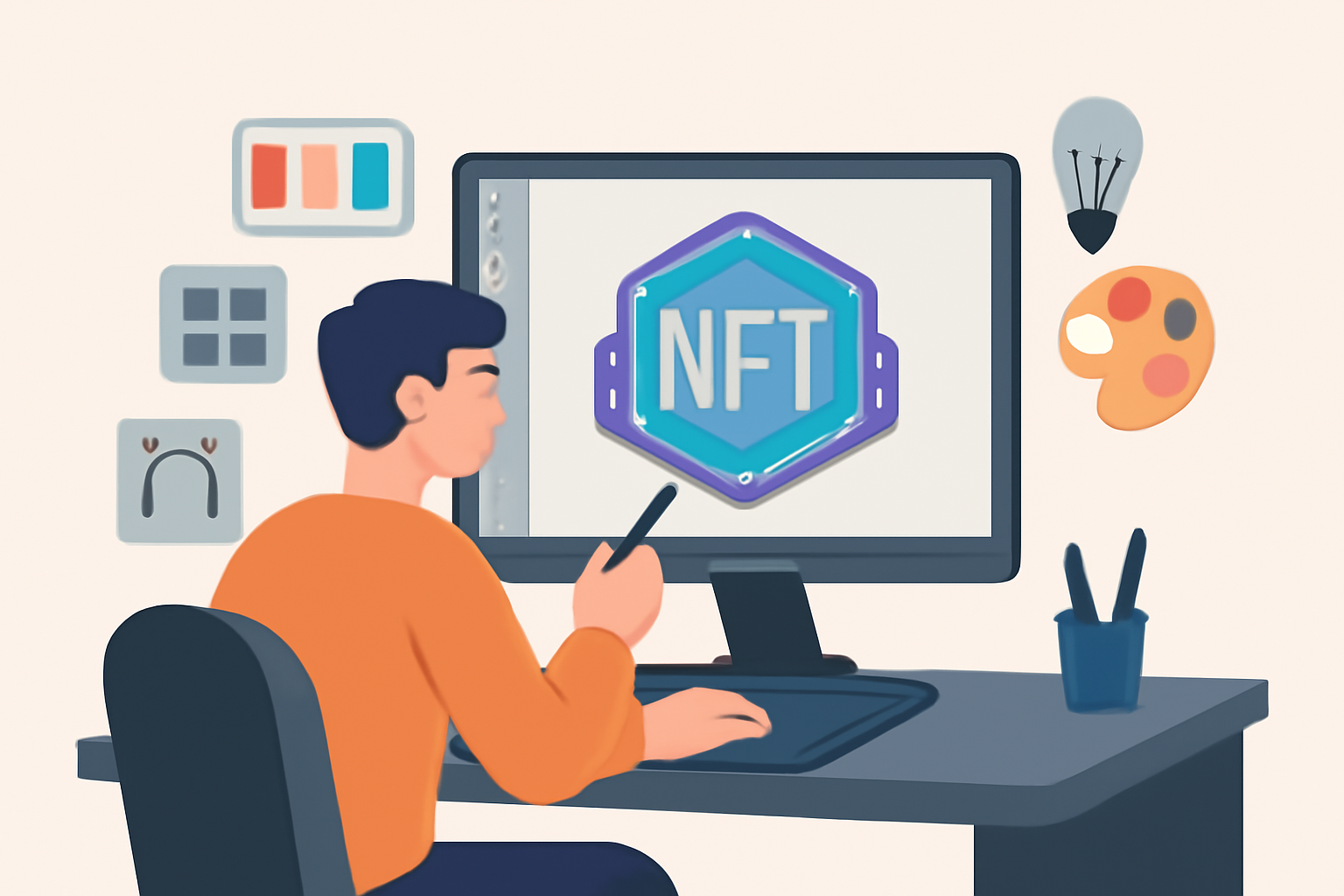 A digital artist designing a futuristic NFT badge on a computer screen, with creative icons and colors, in a sleek workspace