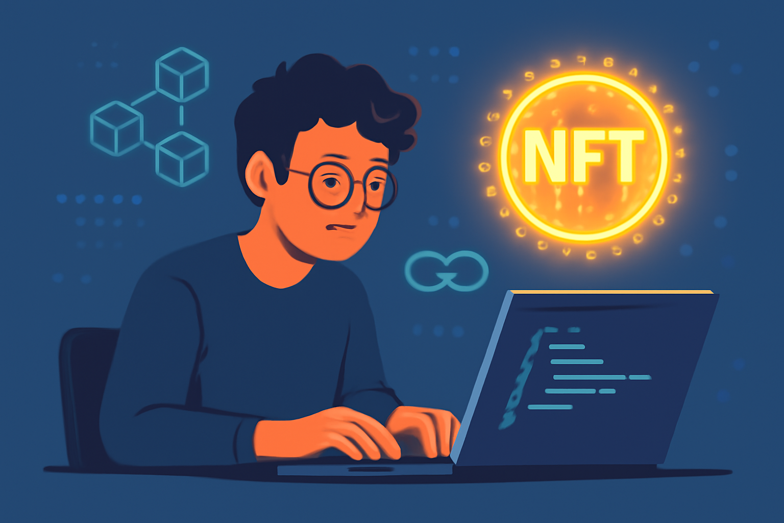 A developer coding a smart contract on a laptop, blockchain symbols in the background, with a glowing NFT badge icon, techy atmosphere