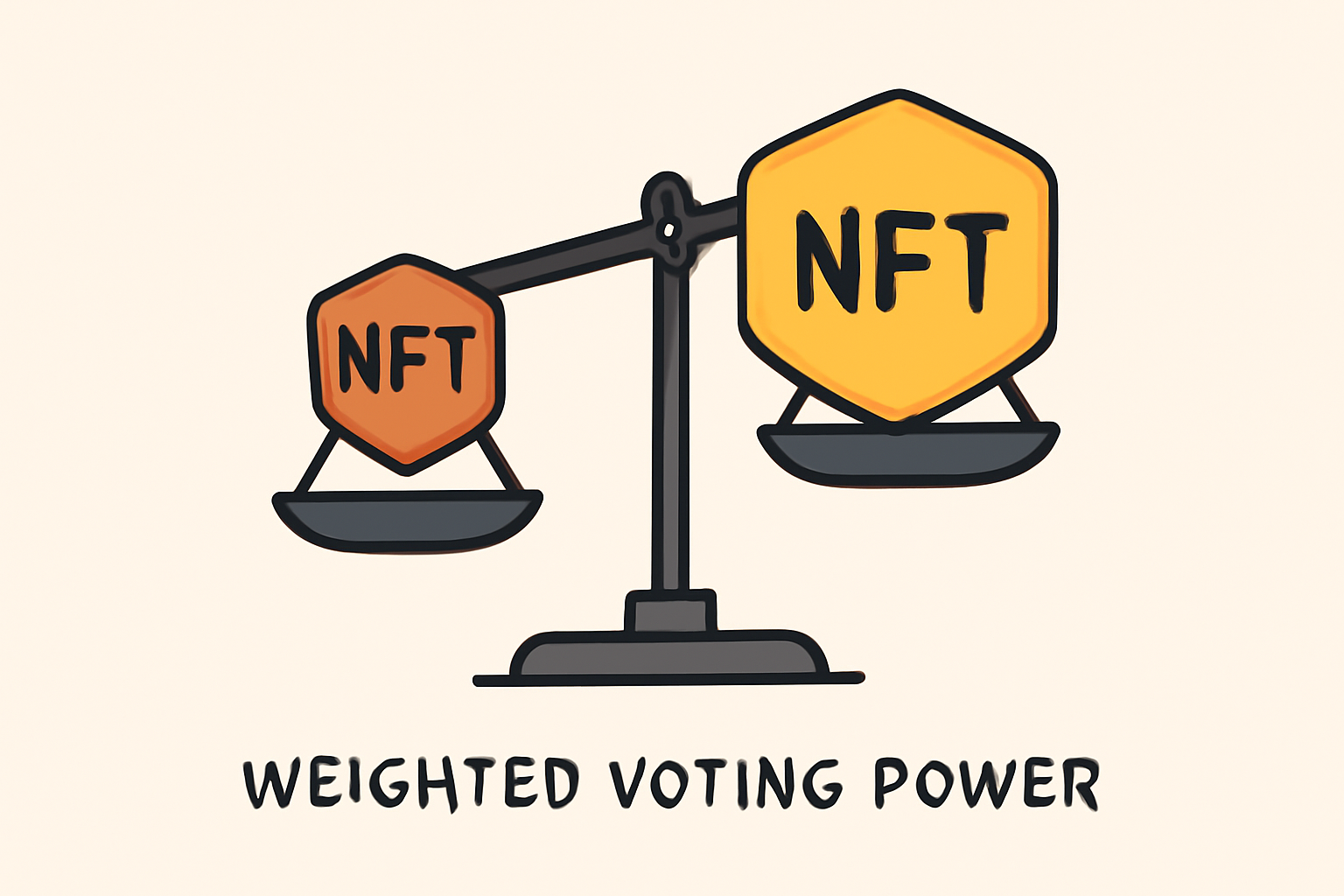 A balance scale with different NFT badges on each side, illustrating weighted voting power, clear and simple design