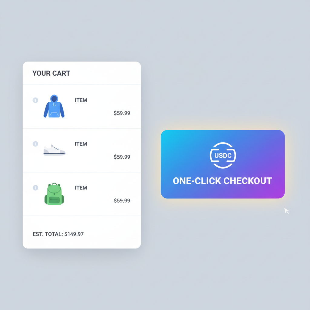 e-commerce cart page with glowing one-click USDC checkout button