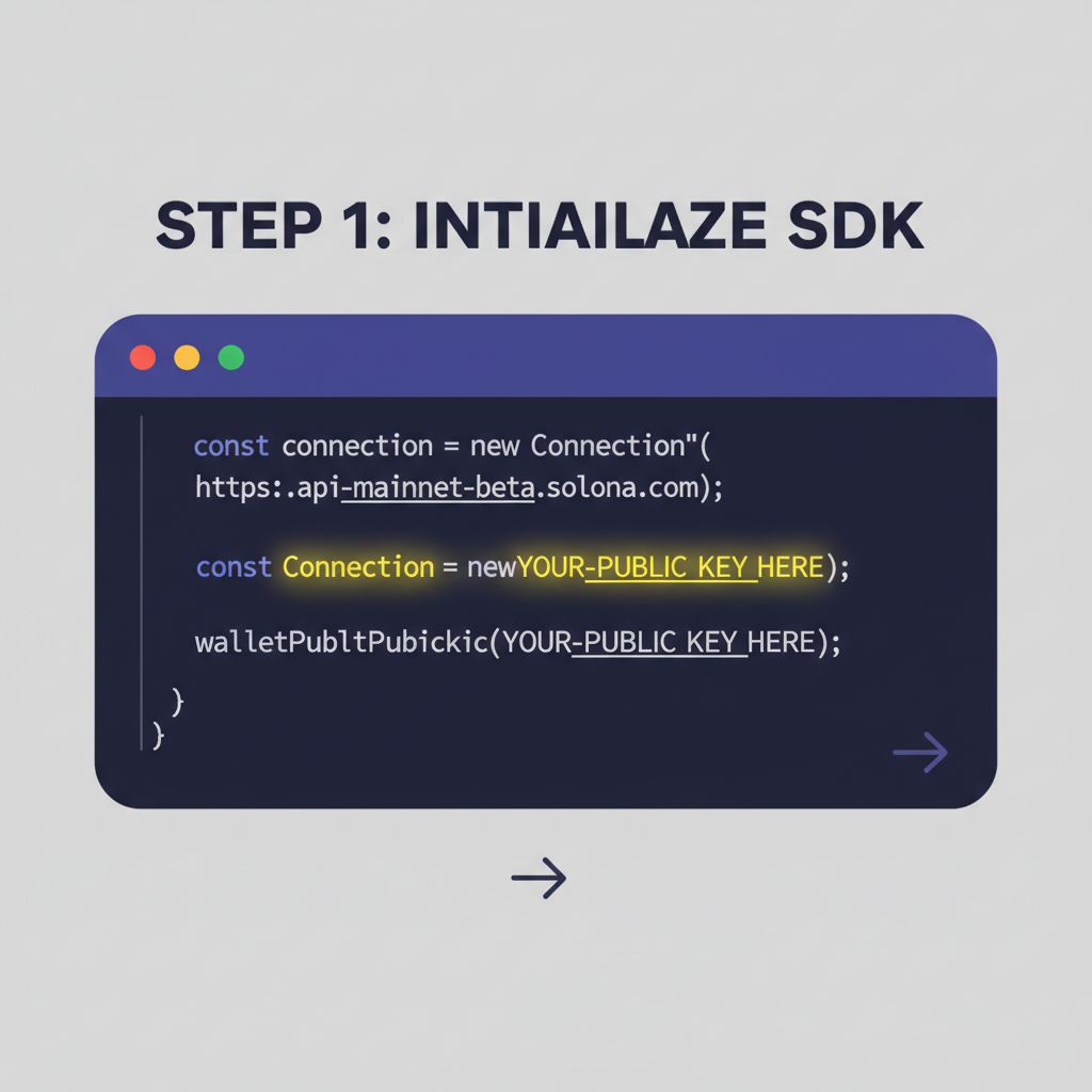 code snippet in editor initializing Solana SDK with RPC endpoint and pubkey highlighted