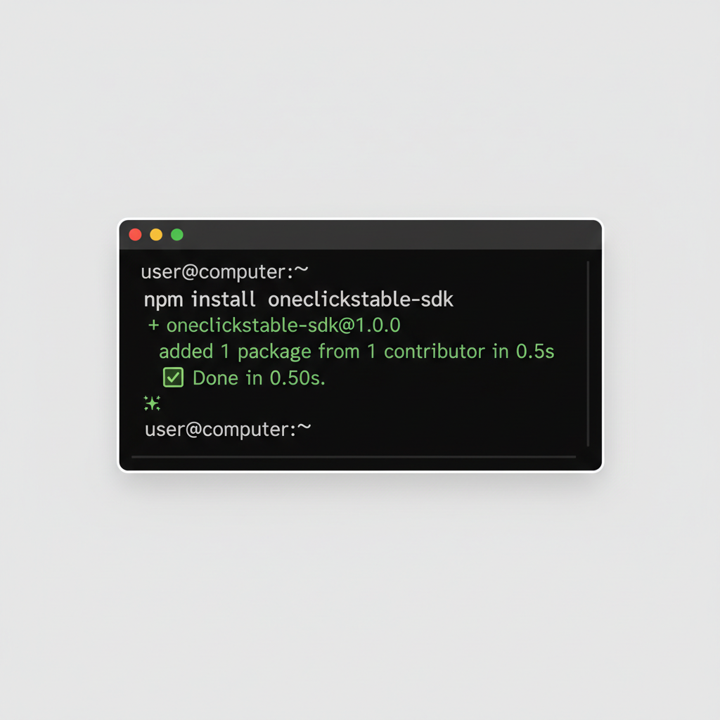 clean terminal window showing npm install oneclickstable-sdk command succeeding