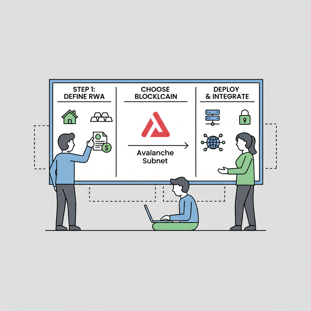 enterprise team planning blockchain subnet on whiteboard with Avalanche logo and RWA icons