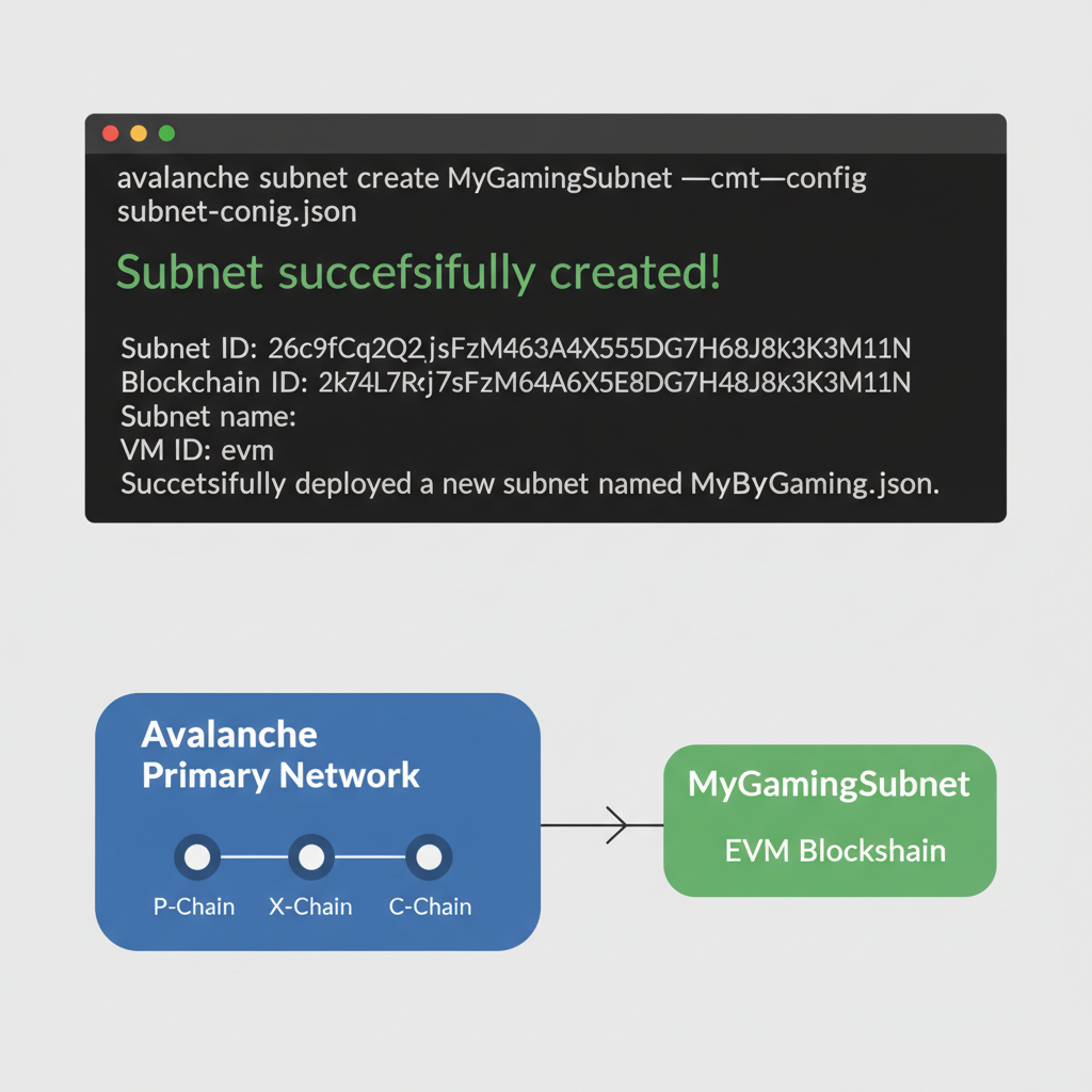 command line creating Avalanche subnet with success message and network diagram