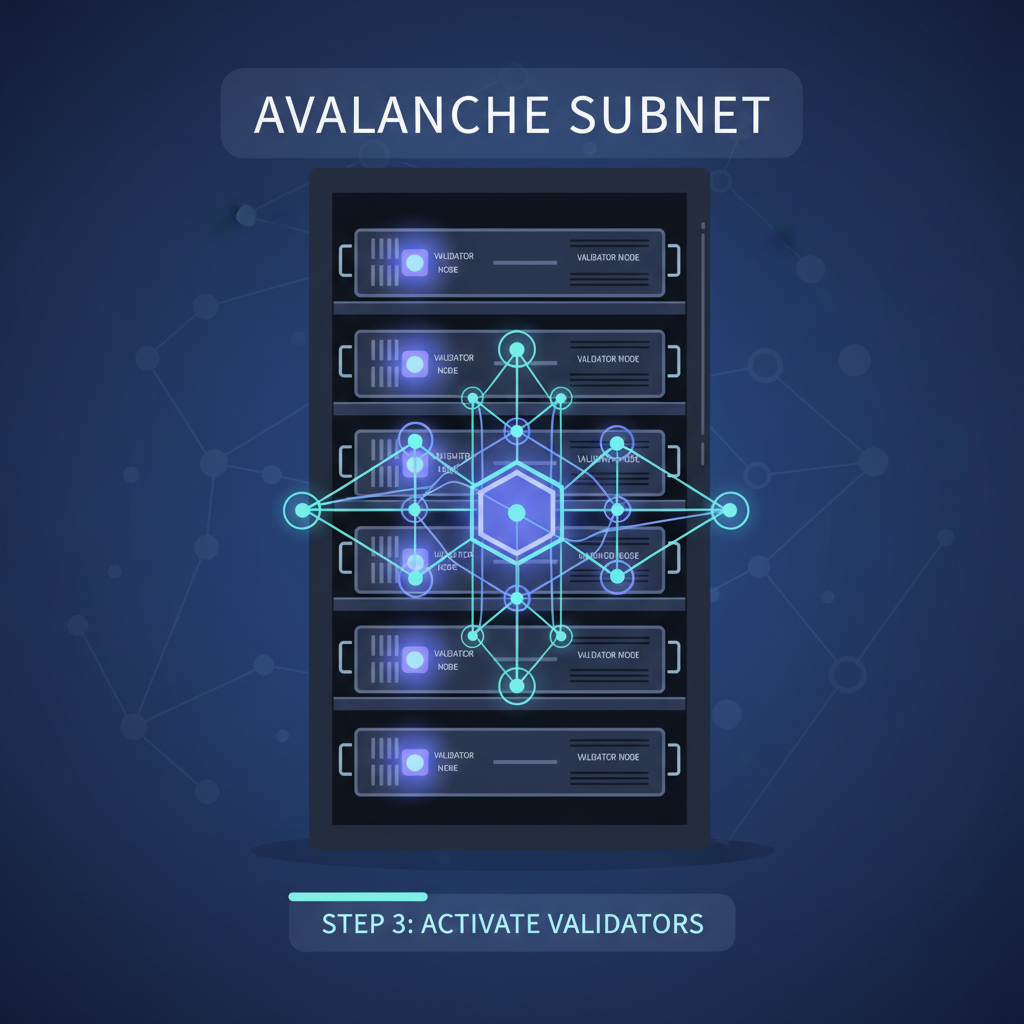 server rack with validator nodes glowing, Avalanche subnet visualization